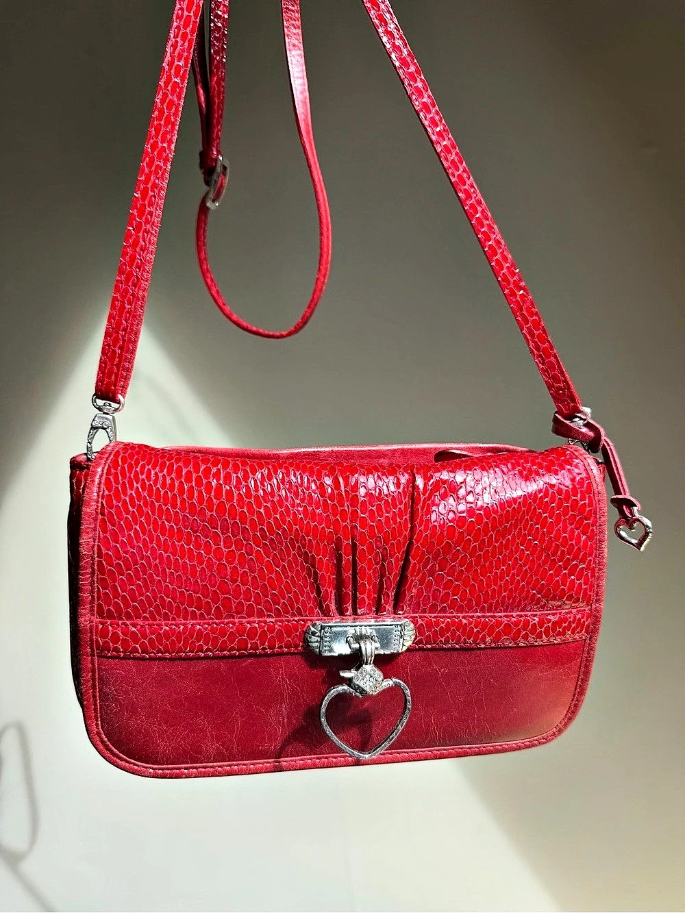 Brighton Red Python Embossed Leather Crossbody Bag Silver Heart Charm HW